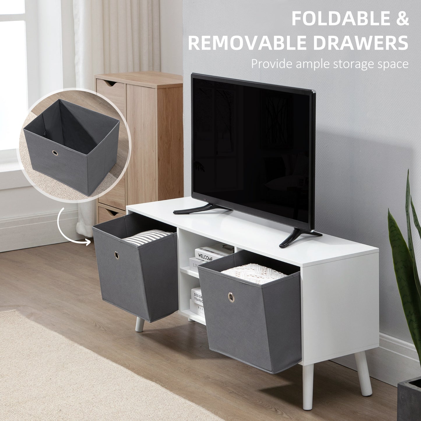 Modern TV Stand Cabinet with Foldable Grey Fabric Drawers and Shelves