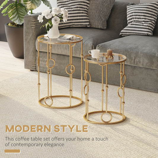 Gold Round Nesting Coffee Tables, Set of 2, Tempered Glass Top