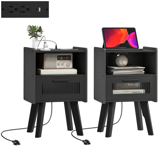 HOMCOM Modern Black Nightstands Set of 2 with Charging Station