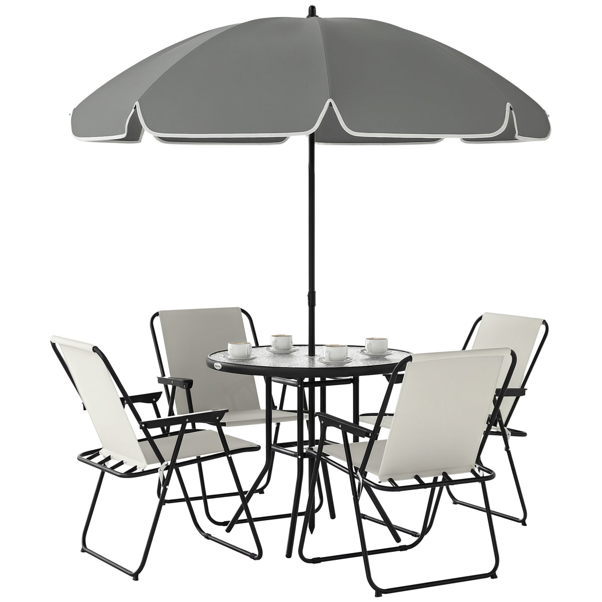 6 Pieces Patio Dining Set with Umbrella, Patio Furniture Set with Folding Chairs, Glass Table for Garden Backyard