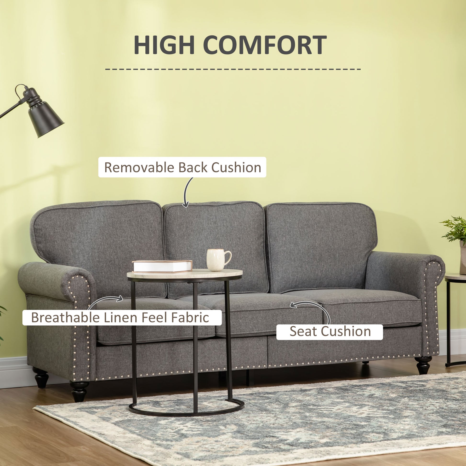 Modern Grey Linen Fabric 3-Seater Sofa Couch with Studded Trim & Rolled Arms