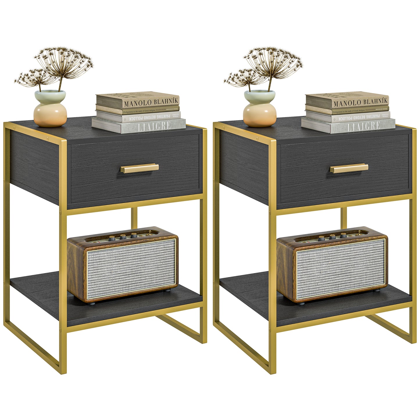 HOMCOM Modern Black Nightstand Set: Drawer, Shelf, Steel Frame