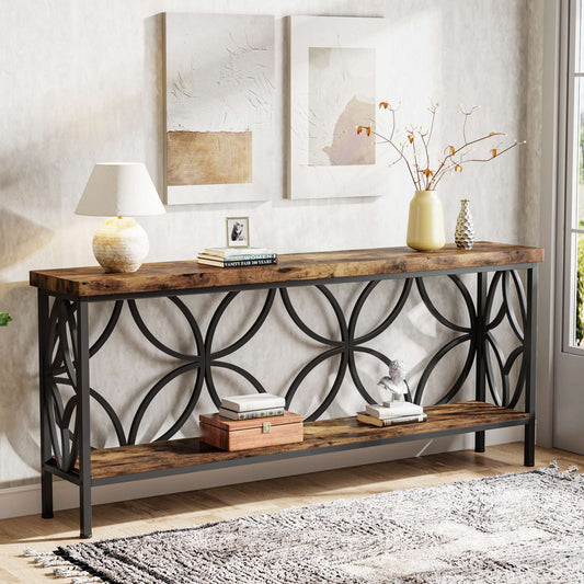 2-Tier Console Table, 70.9" Industrial Sofa Table Behind Couch
