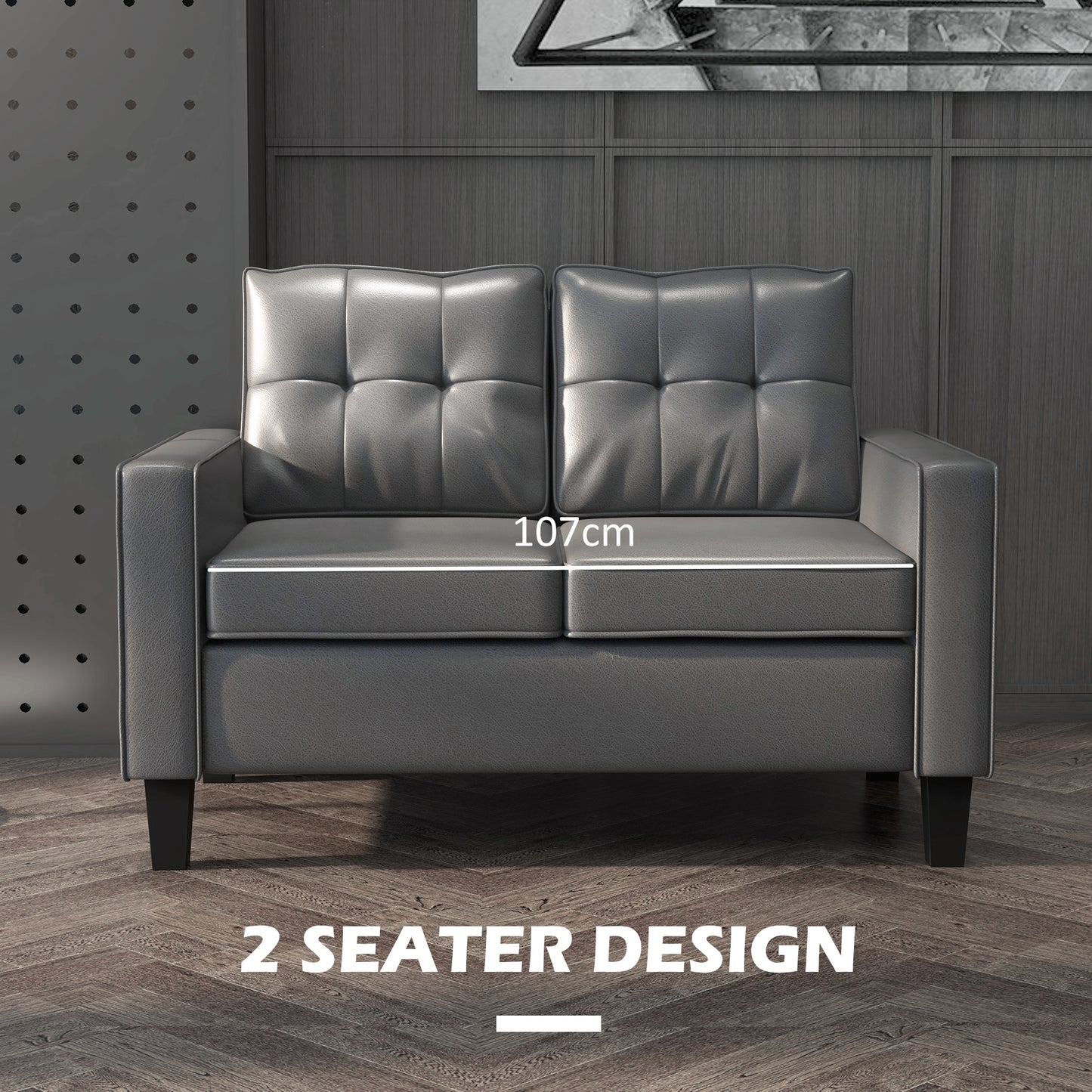 HOMCOM 51" Grey PU Leather Loveseat Sofa, Tufted Back, Pocket Spring