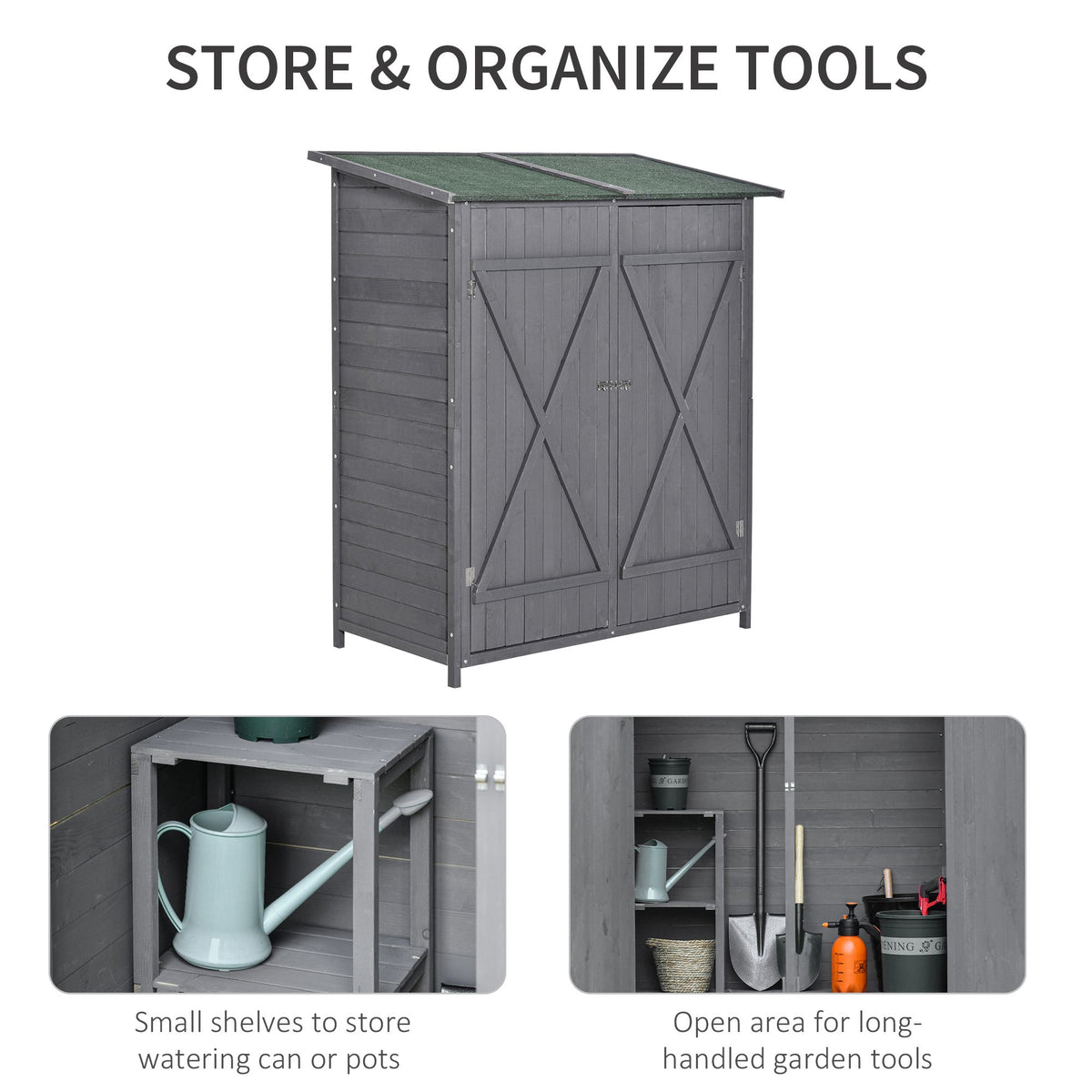 Garden Storage Shed Asphalt Roof Wooden Timber Double Door Utility Storage House with Shelf, Green and