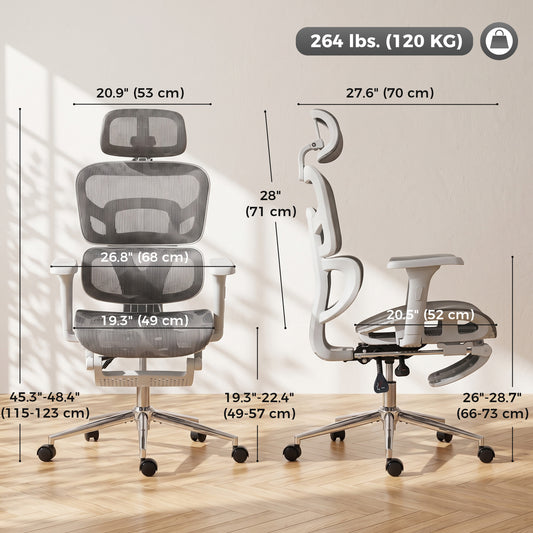 Ergonomic Office Chair with Lumbar Support, 2D Headrest, Mesh Reclining Desk Chair with Footrest, Grey