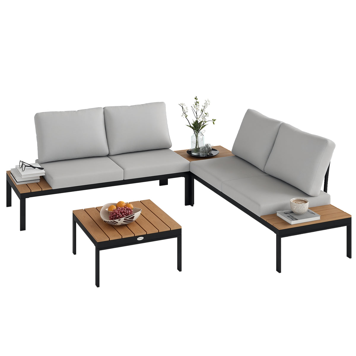 4 Piece L Shaped Garden Furniture Set, 4 Seater Outdoor Corner Garden Set, 2 Loveseats, 2 Coffee Tables