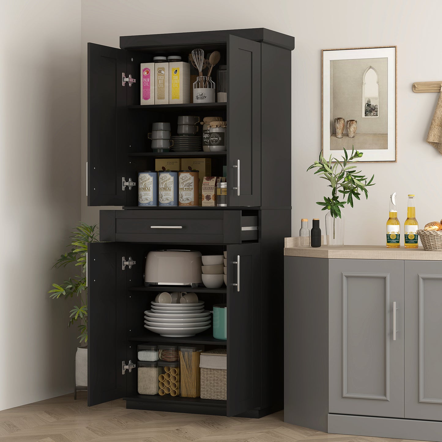 72" Freestanding Storage Cabinet With 4 Doors Grey