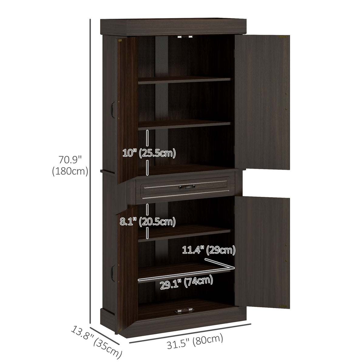 Freestanding Kitchen Pantry with 4 Doors and 2 Cabinets – 32"W x 71"H