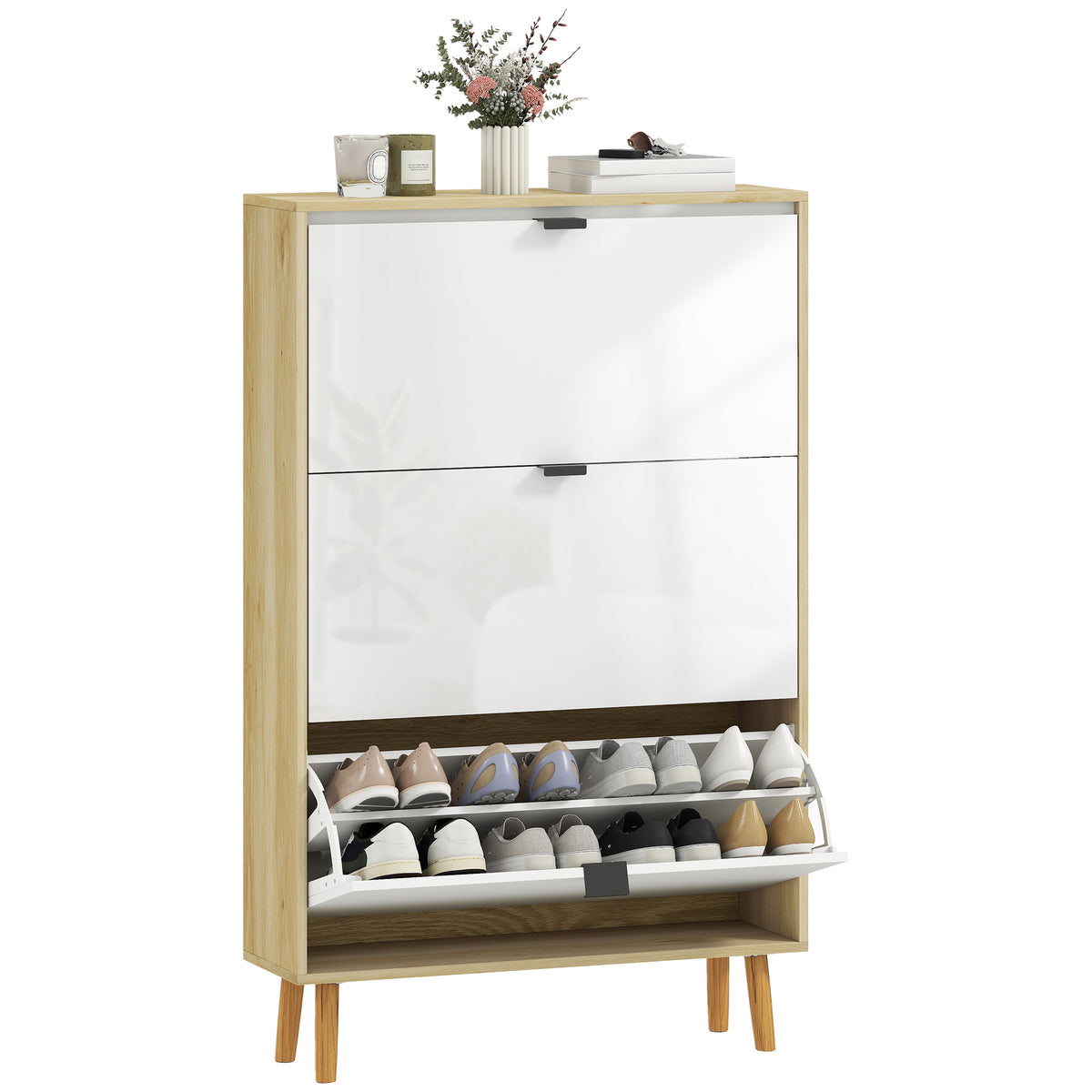 High Gloss Narrow Shoe Cabinet with 3 Flip Drawers – 32"W x 50"H