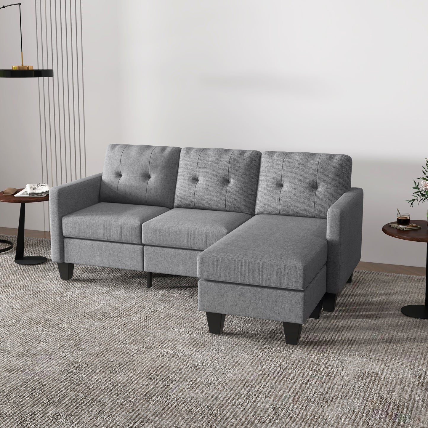 HOMCOM Modern L-Shape 3-Seater Sofa with Ottoman, Light Grey Fabric