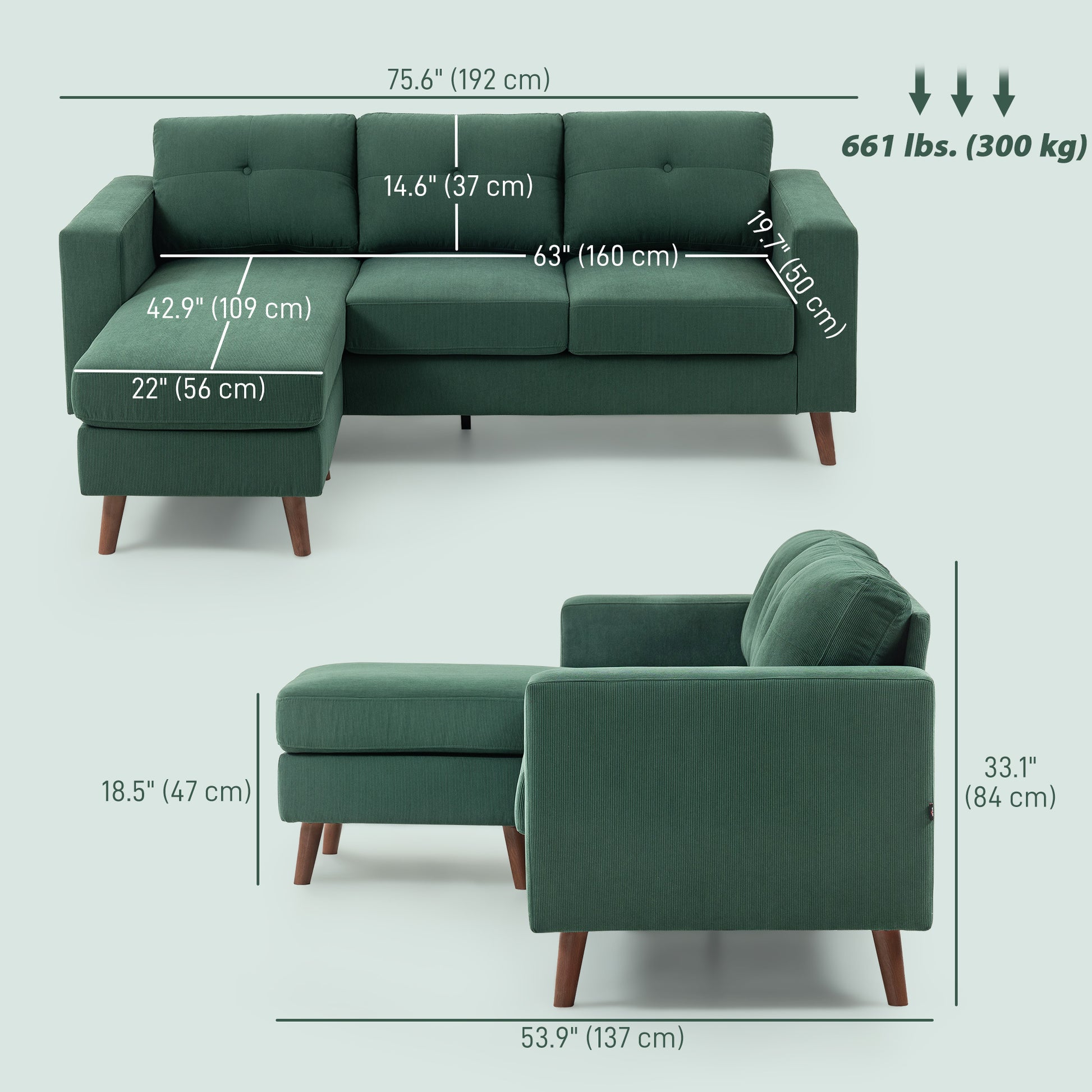 HOMCOM Dark Green Sectional Sofa: Reversible Chaise, 3-Seat L-Shaped Couch