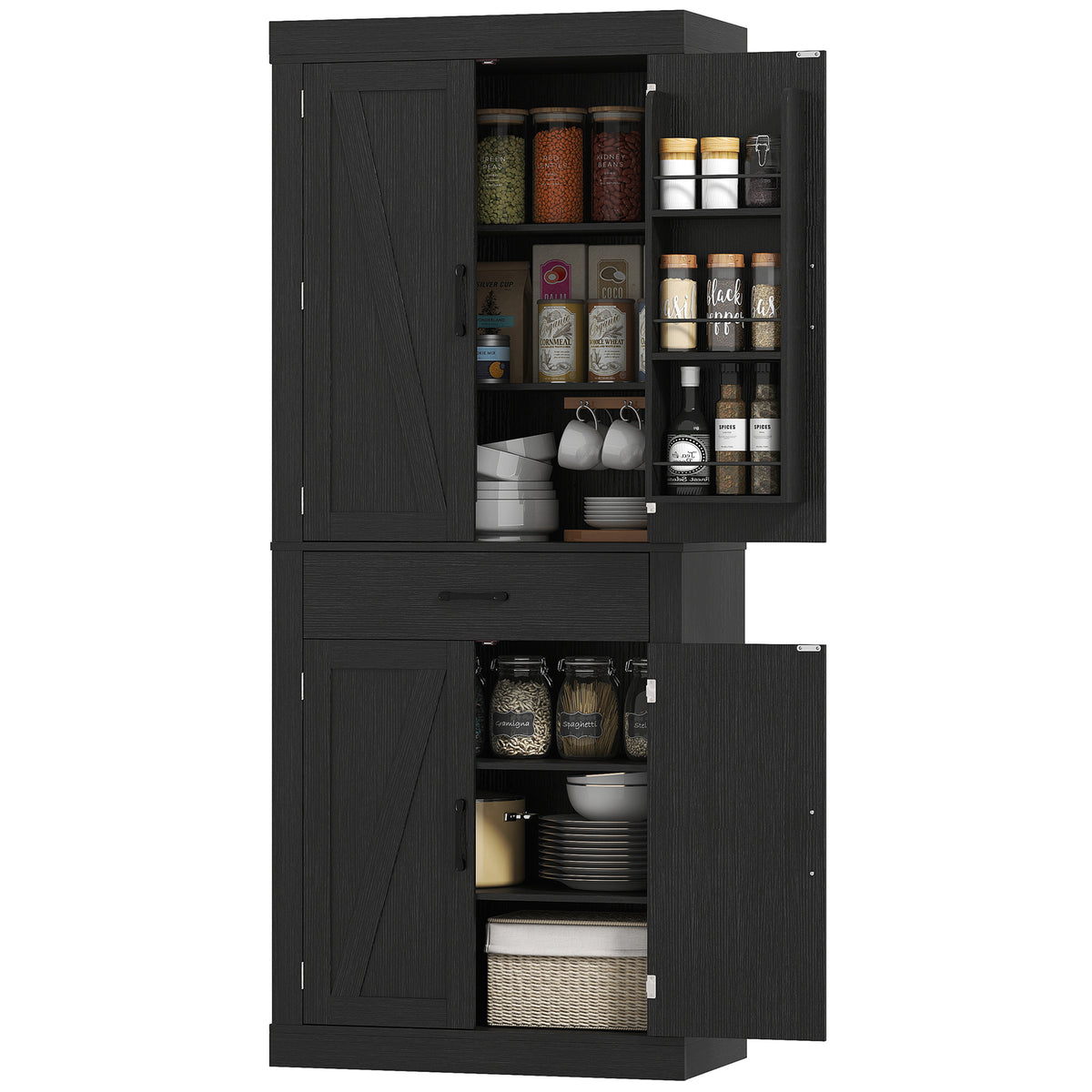 Farmhouse Kitchen Storage Cabinet with 4 Barn Doors – 30"W x 72"H