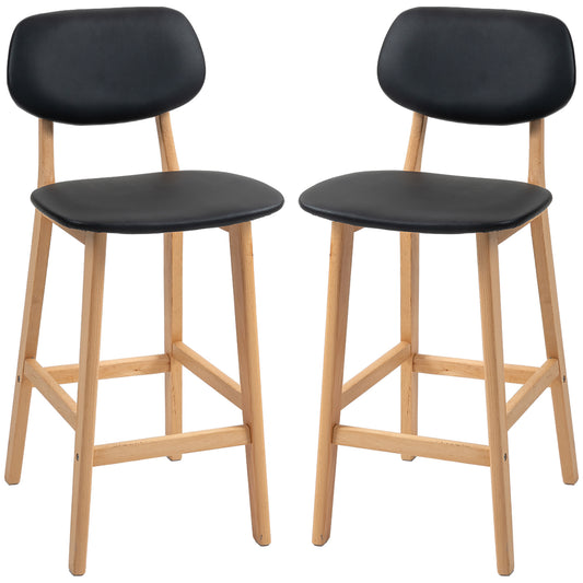 HOMCOM Set of 2 Black PU Leather Counter Height Bar Stools Solid Wood