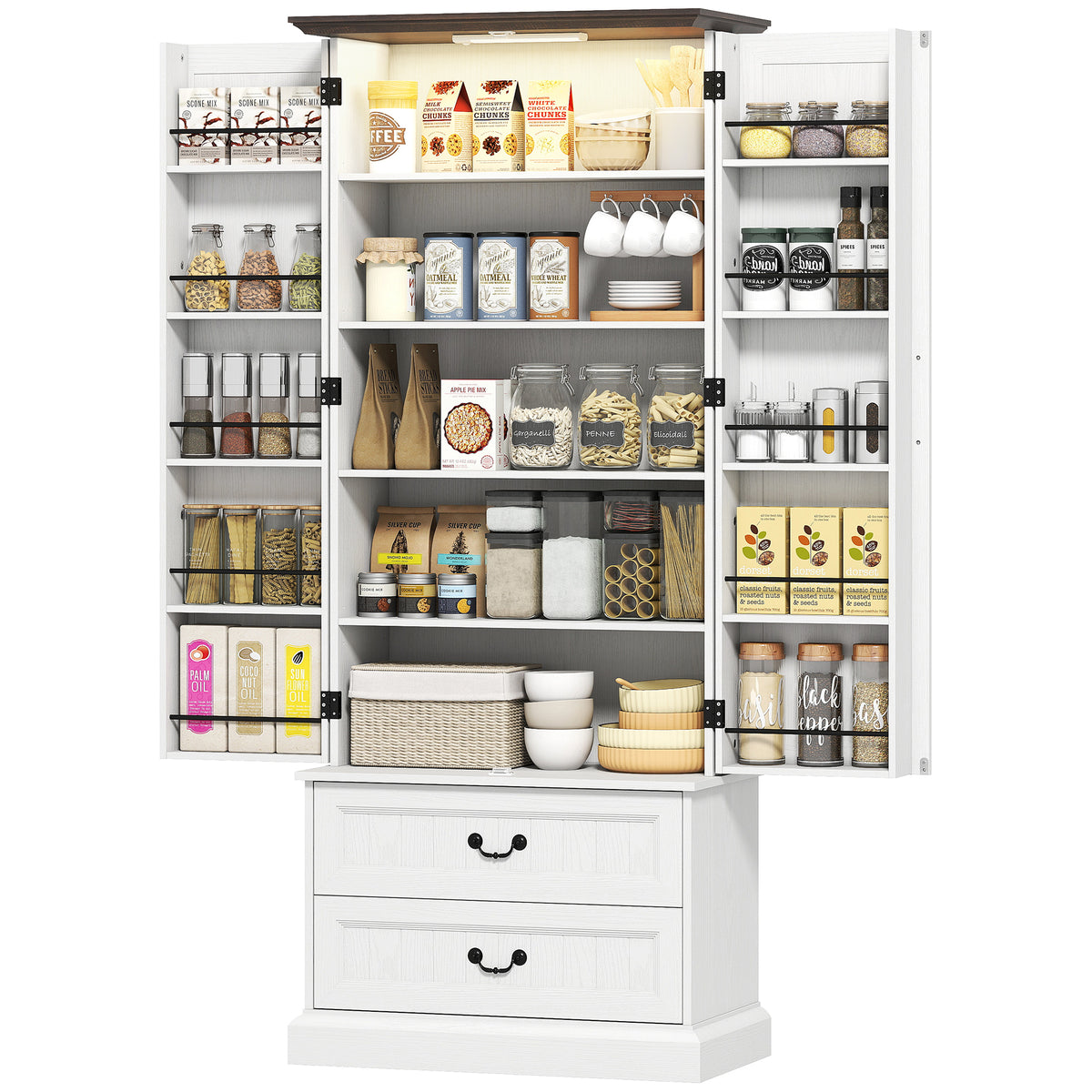 LED Kitchen Pantry Cabinet with 10 Door Shelves and 2 Drawers – 30"W x 72"H