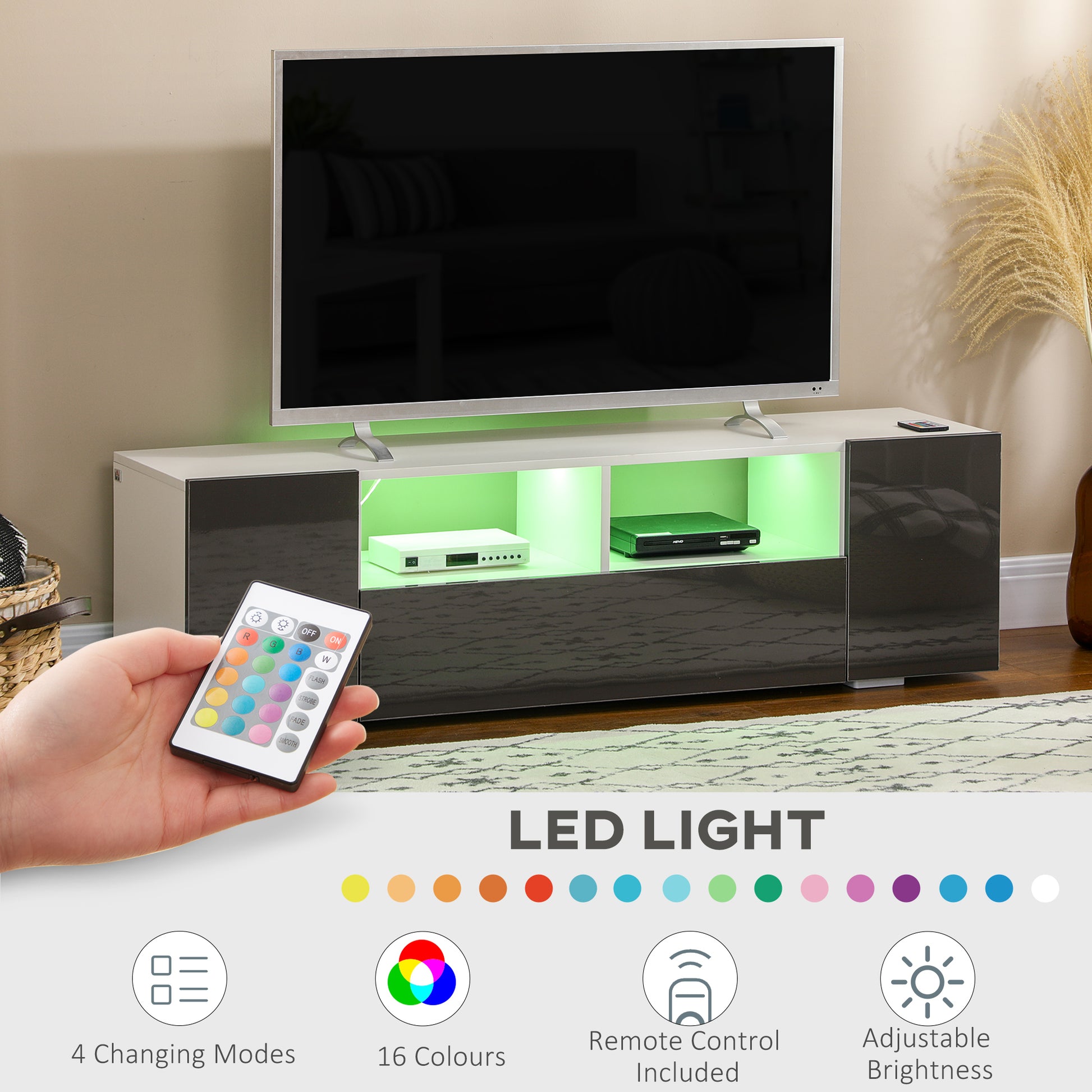 HOMCOM Modern Grey TV Stand for 60-inch TVs, LED Lights, Storage & Media