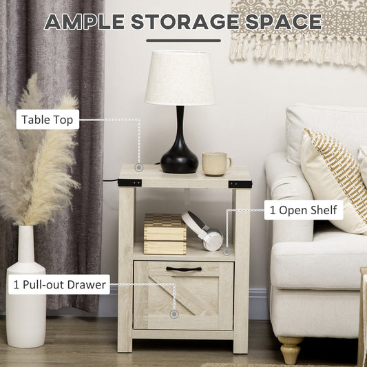 HOMCOM Farmhouse Side End Table with Drawer, Open Shelf & Barn-Style Panel