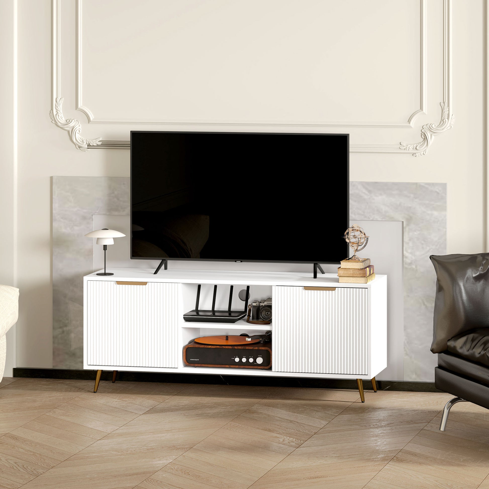 Modern White TV Stand for 55-inch TVs with Storage Cabinets & Open Shelves