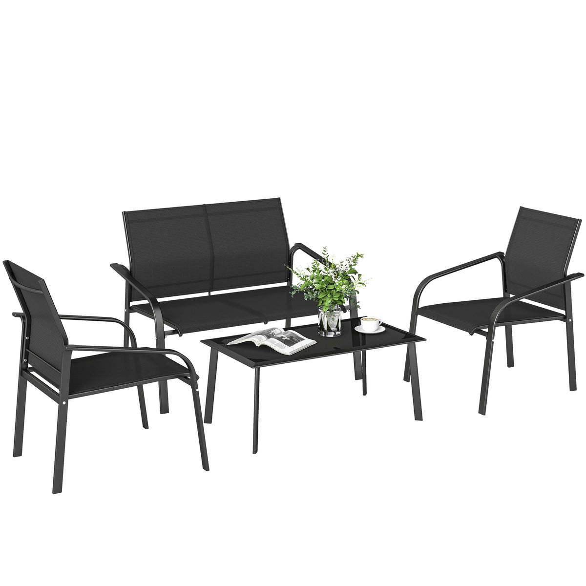 4 Piece Patio Furniture Set, Outdoor Conversation Set with Deep Seat, Loveseats, Armchairs, Glass-Top Table