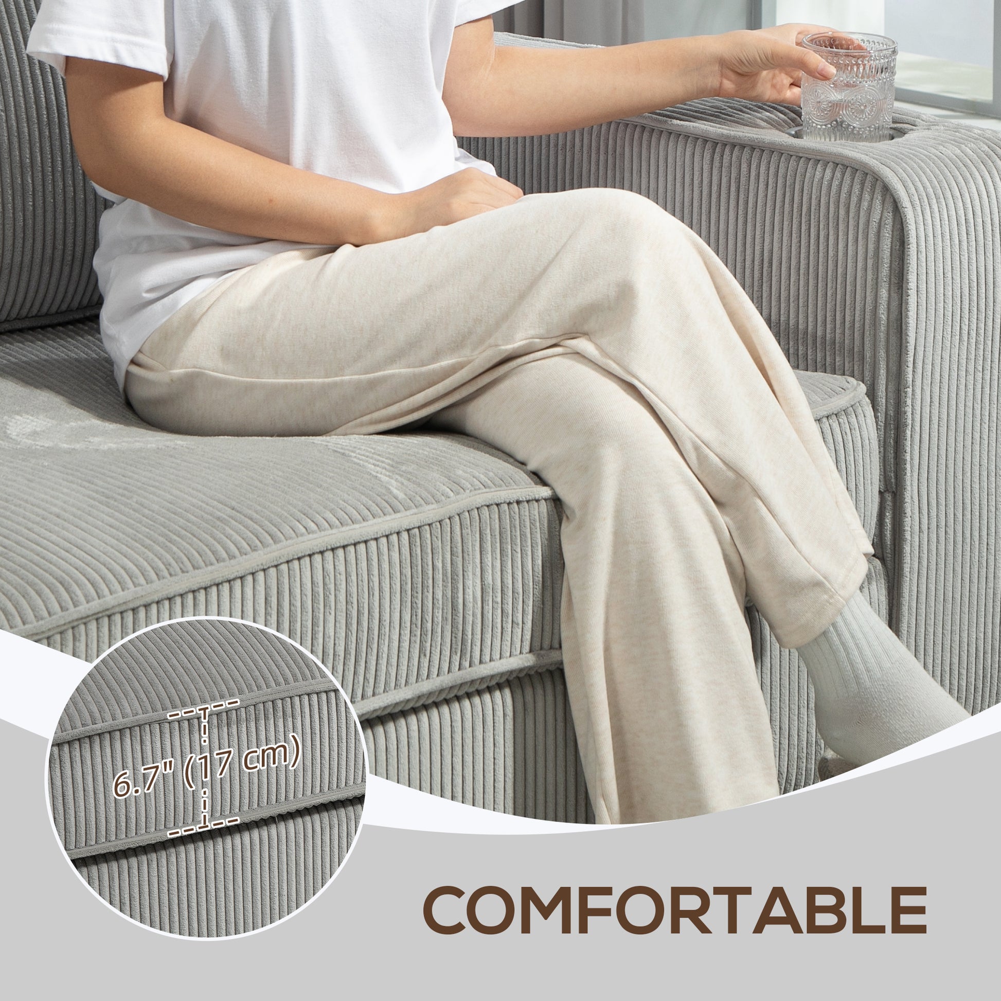 HOMCOM Light Grey 3-Seater Fabric Sofa: Spring Cushions, Cup Holders