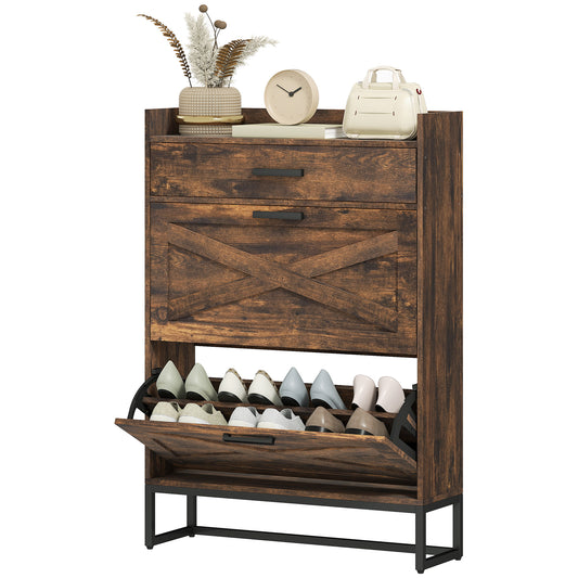 HOMCOM Slim Rustic Brown Shoe Cabinet: 2 Flip Drawers, Adjustable Shelves, 12 Pair Storage Organizer