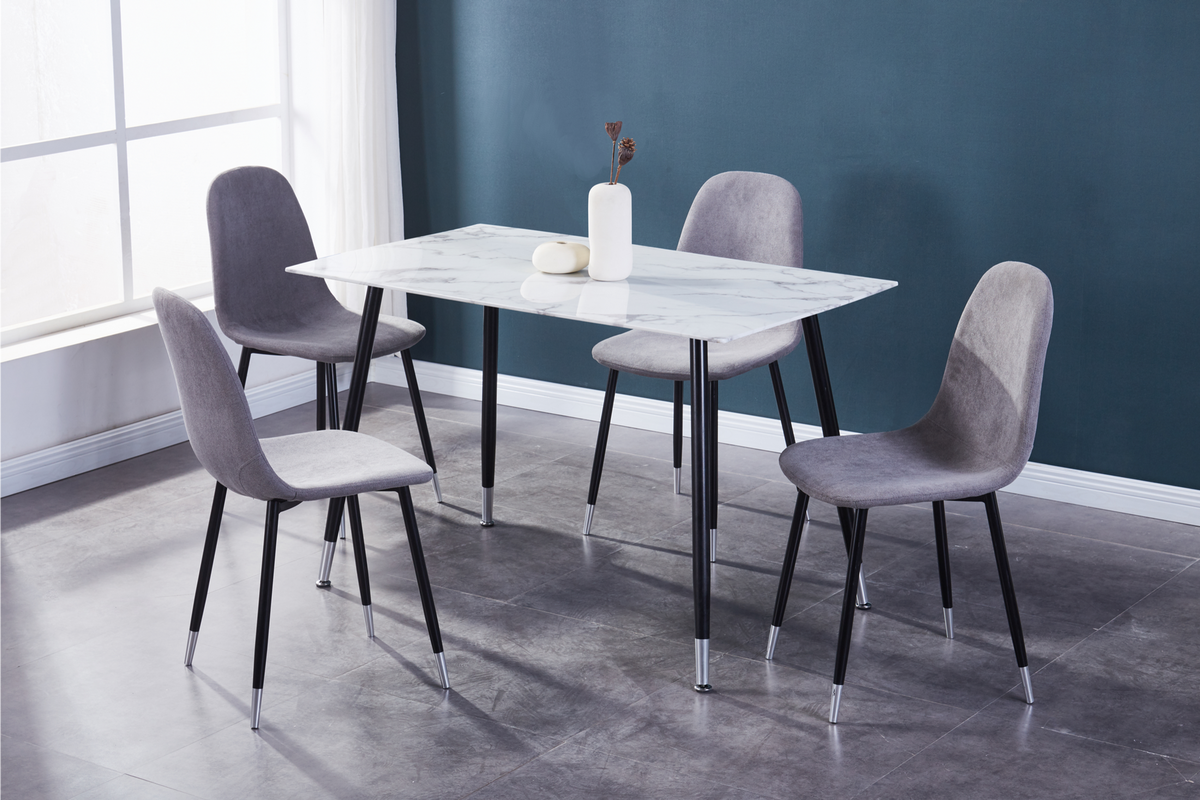 White Marble-Glass 51" Dinette Set with Grey Fabric Chairs