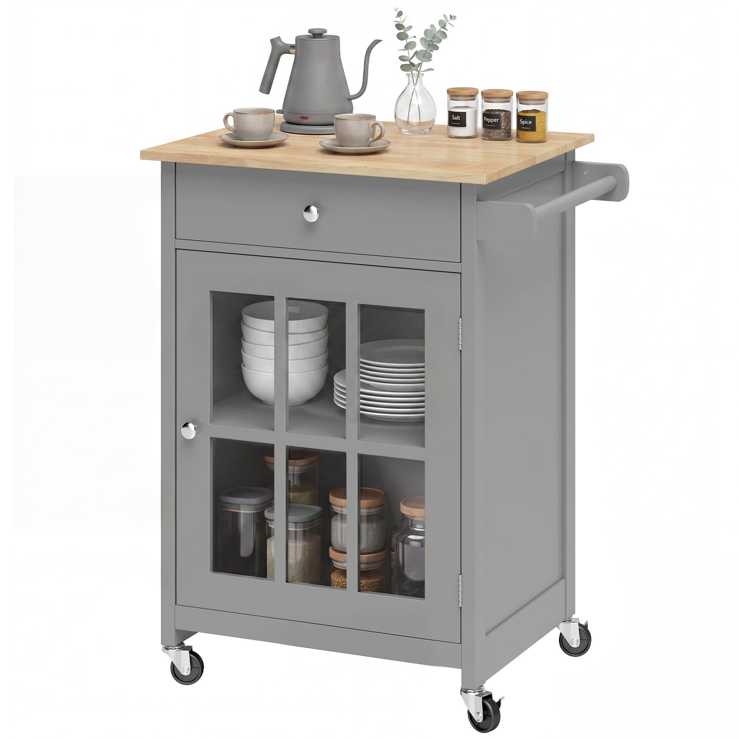 HOMCOM Rolling Kitchen Cart with Drawer and Glass Door Cabinet Dark Grey