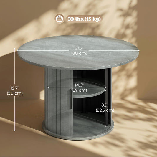 31.5" Round Coffee Table with Slatted Storage Pedestal, Cement Grey