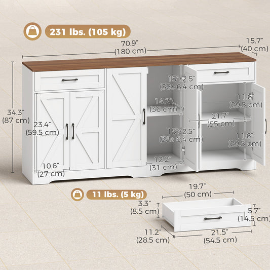 Farmhouse Coffee Bar Cabinet with 2 Drawers and 6 Barn Doors – 71"W x 34"H