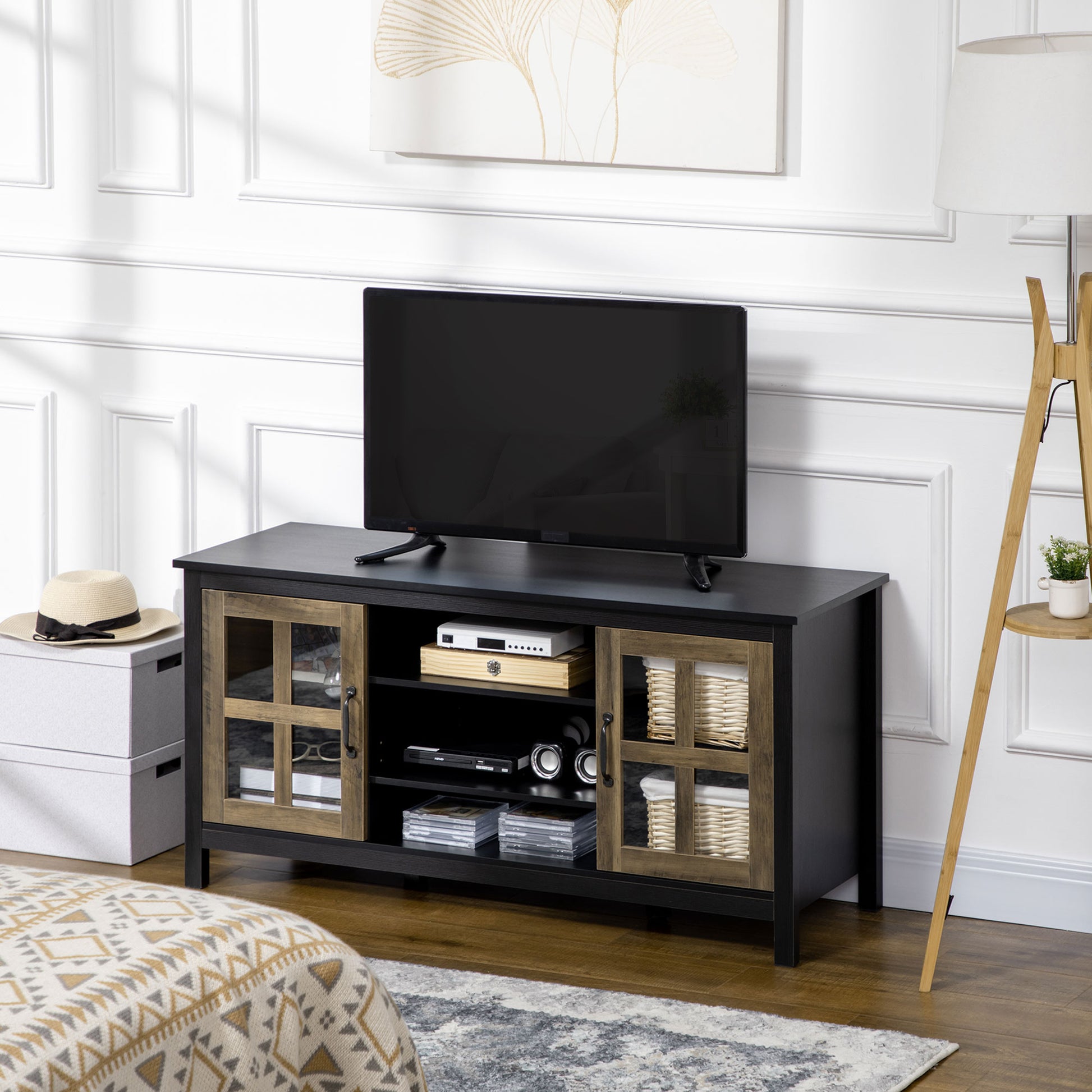 HOMCOM Modern Farmhouse TV Stand for 55-inch TVs, Adjustable Storage, Black