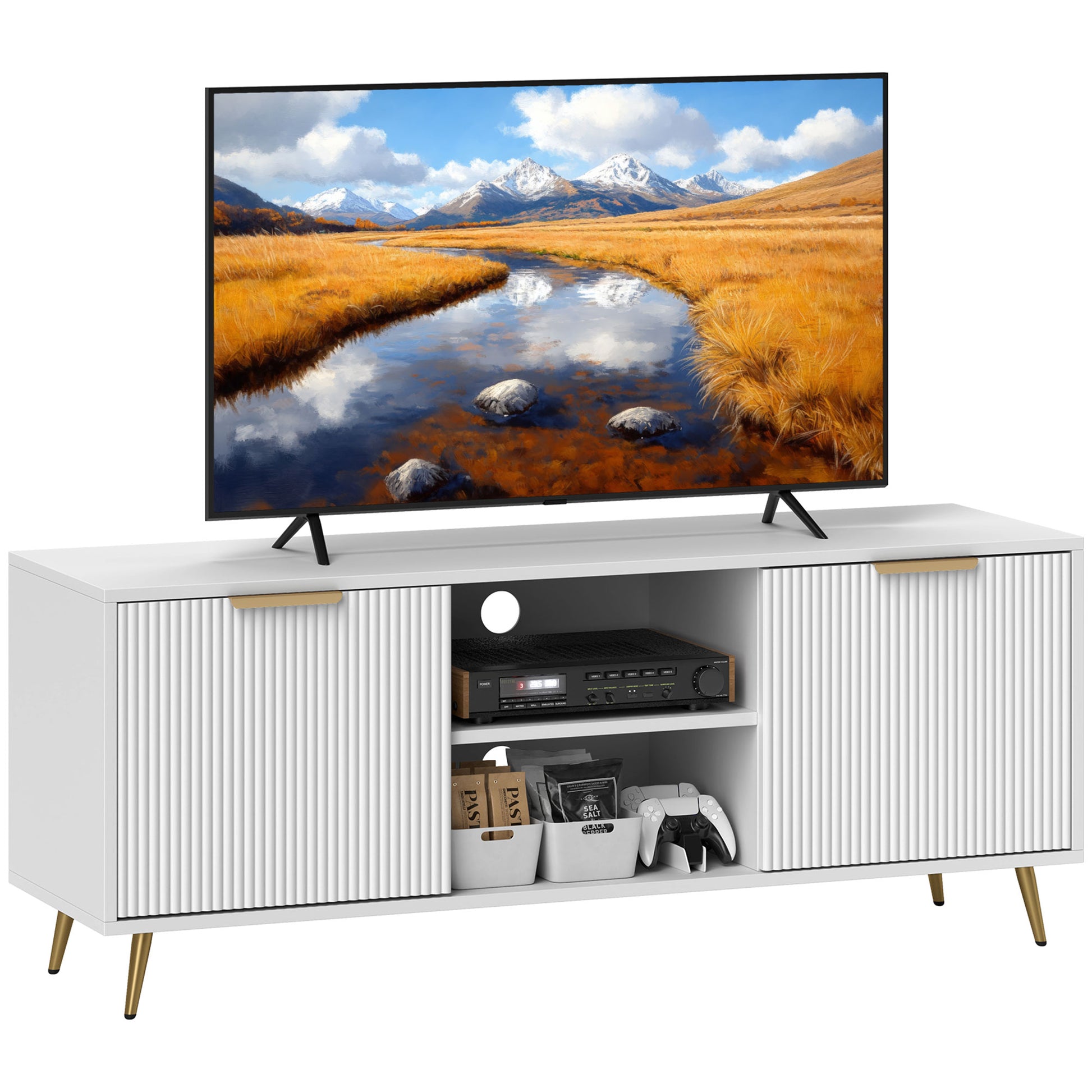 Modern White TV Stand for 55-inch TVs with Storage Cabinets & Open Shelves