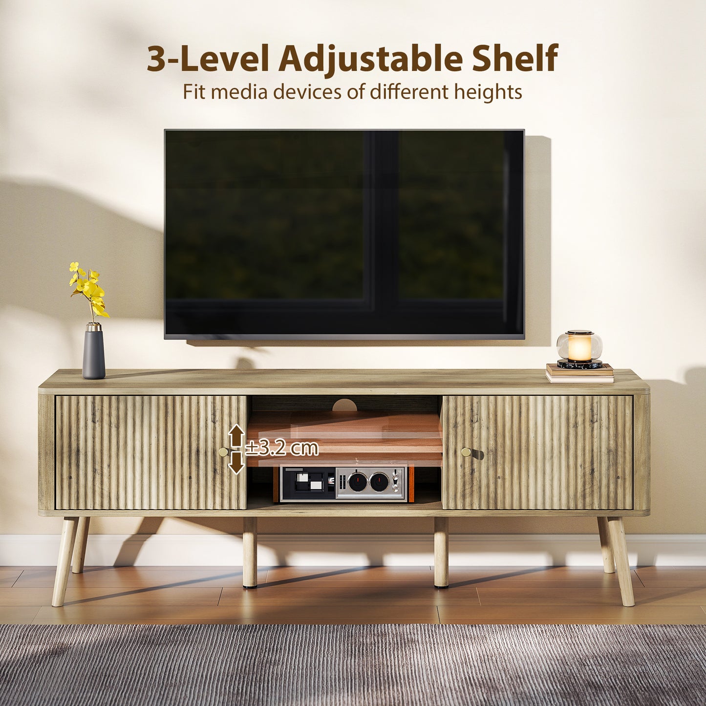 HOMCOM Modern Oak TV Stand for 65-inch TVs, Adjustable Shelves, Pine Wood Legs