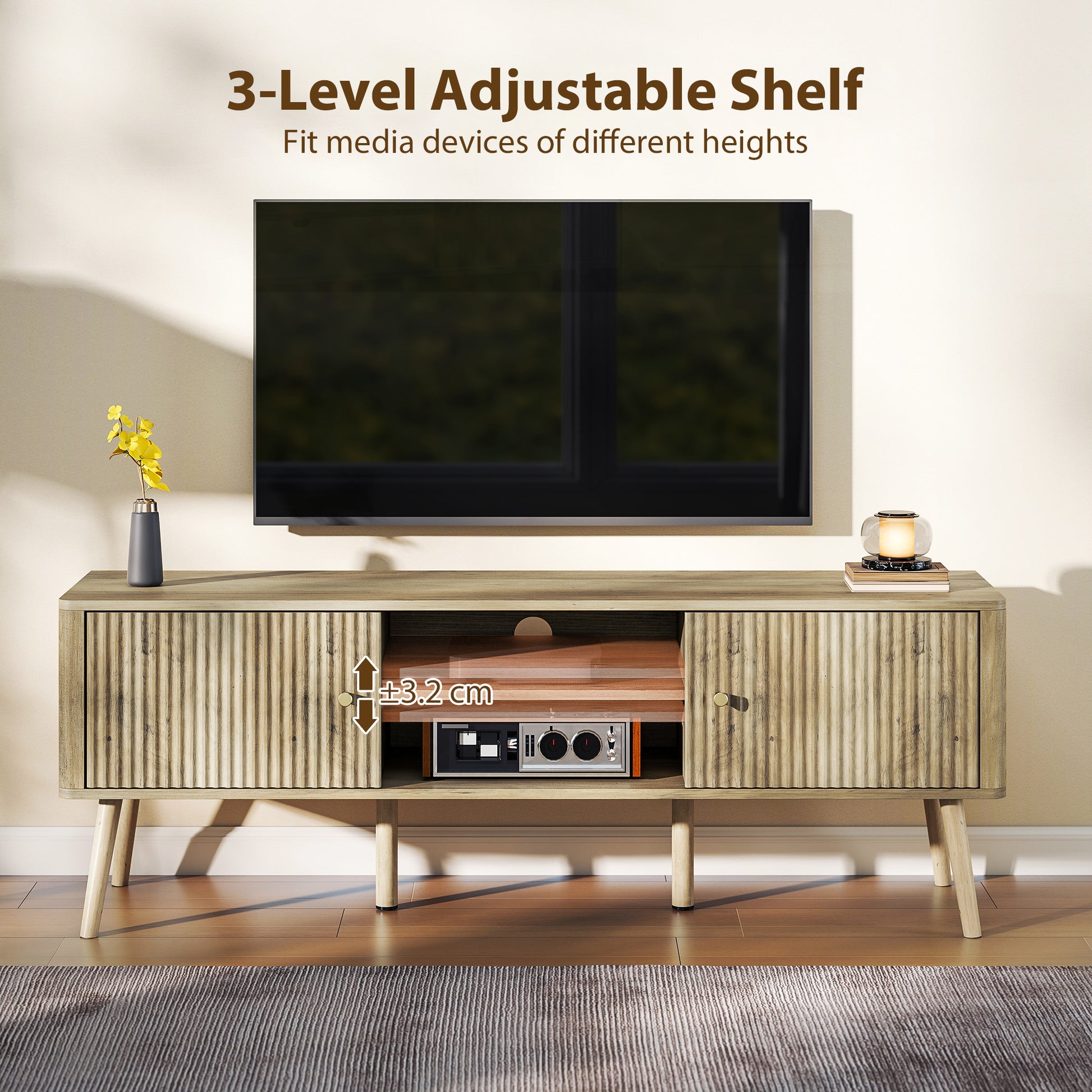 HOMCOM Modern Oak TV Stand for 65-inch TVs, Adjustable Shelves, Pine Wood Legs