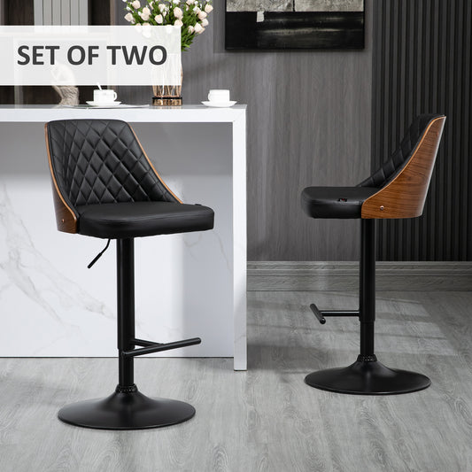 PU Leather Swivel Bar Height Stools with Wood Back, Adjustable, Set of 2, Black