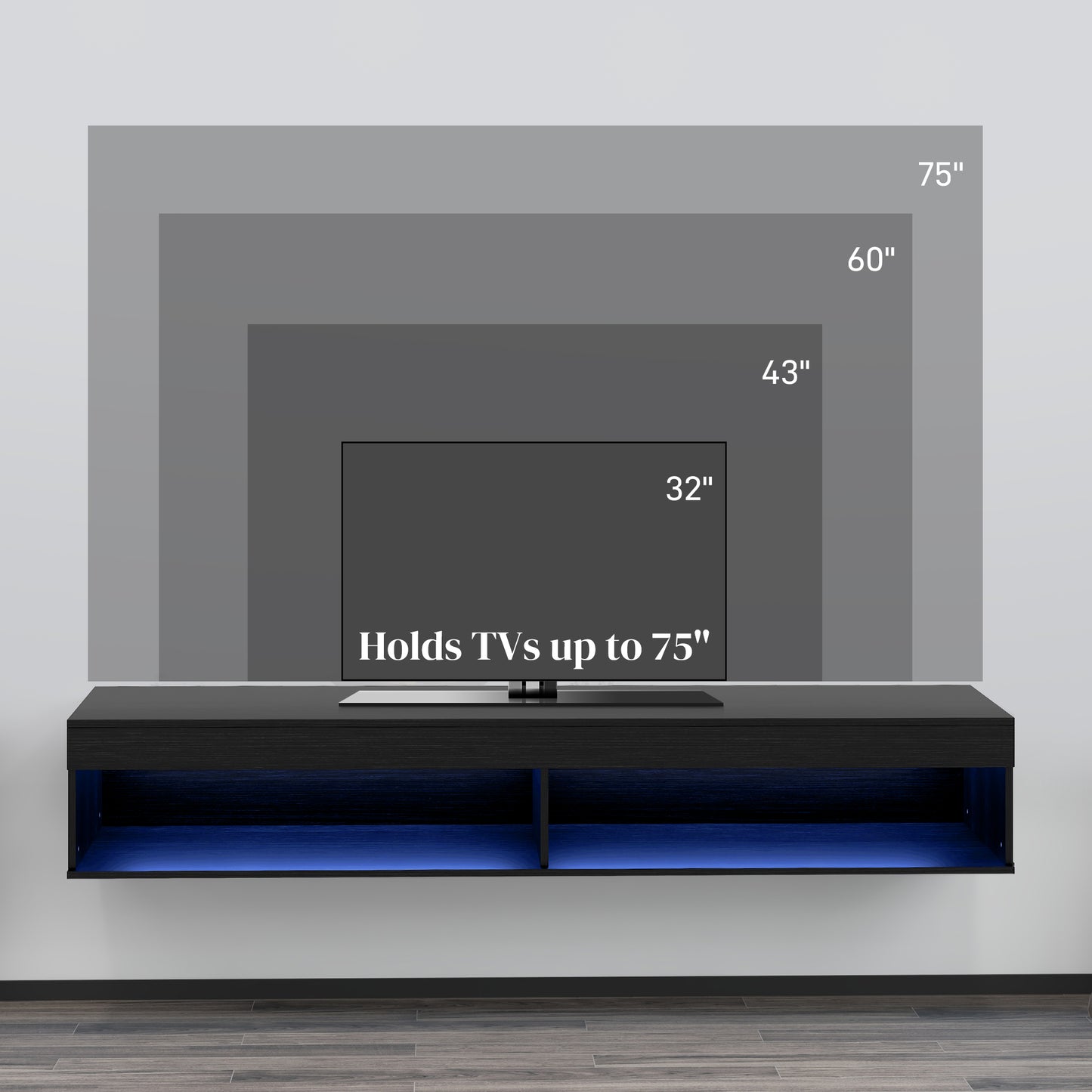 HOMCOM Modern Floating Wall Mounted TV Stand with LED Lights, Storage, Black