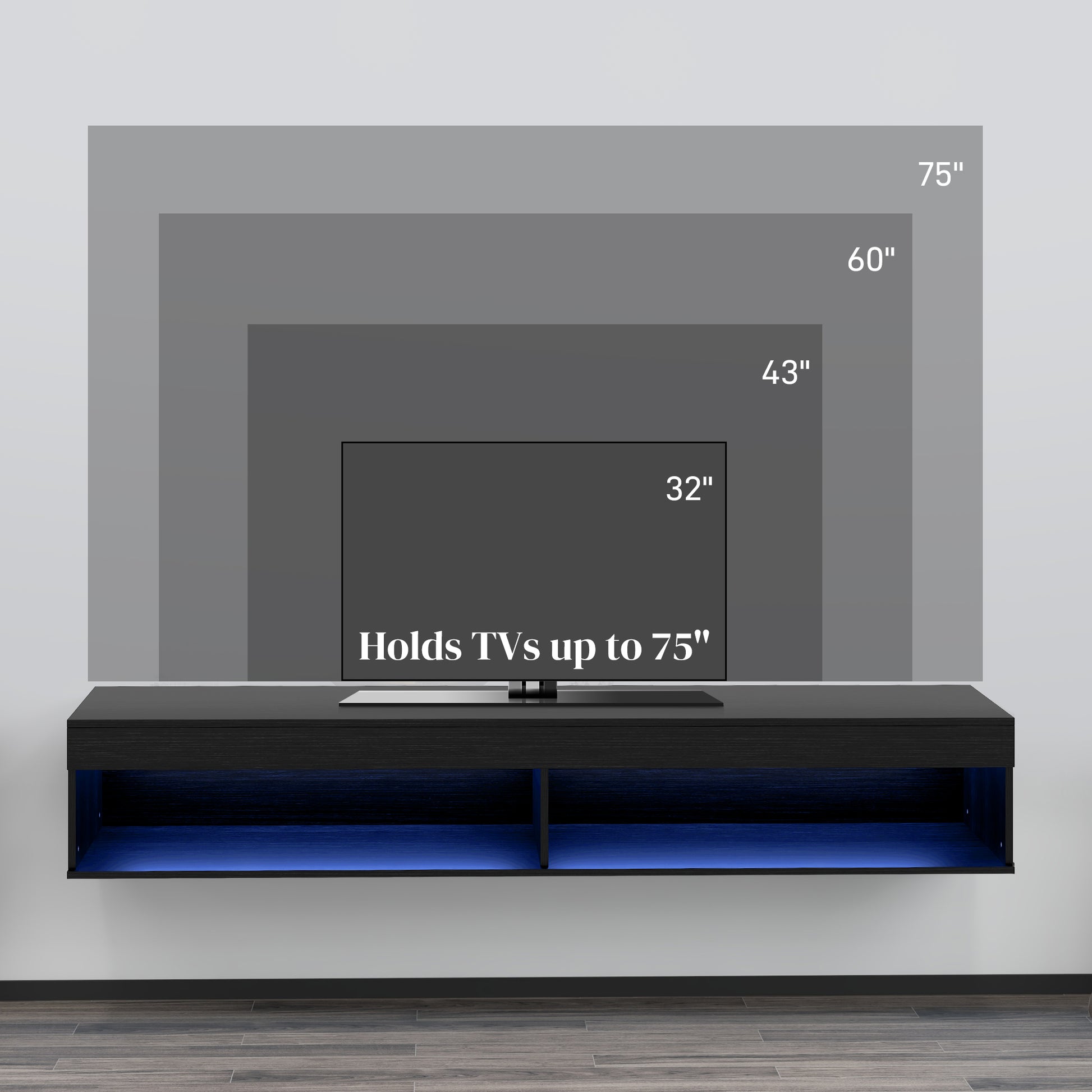 HOMCOM Modern Floating Wall Mounted TV Stand with LED Lights, Storage, Black