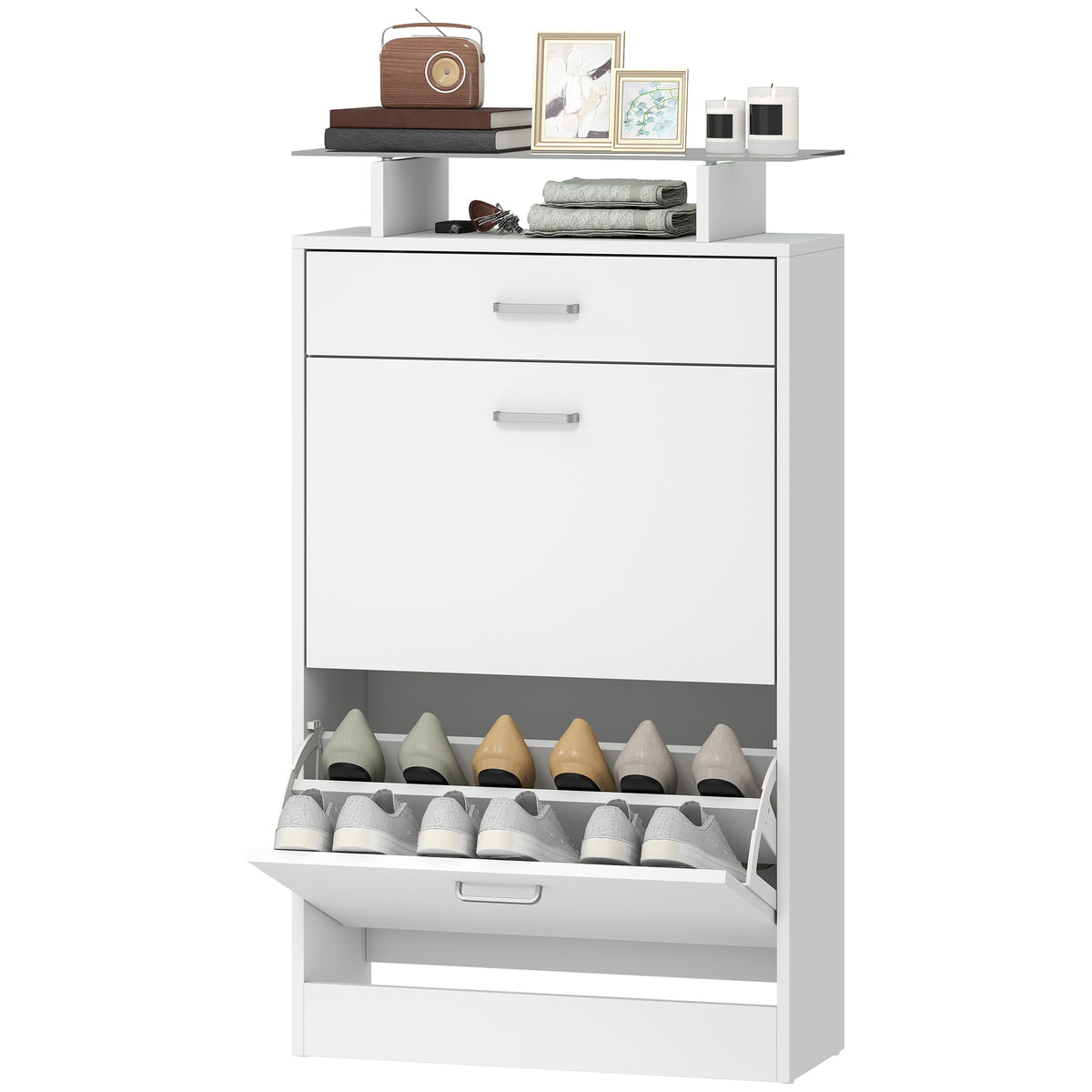 Slim Shoe Organizer Cabinet with 2 Flip Drawers – 24"W x 42"H