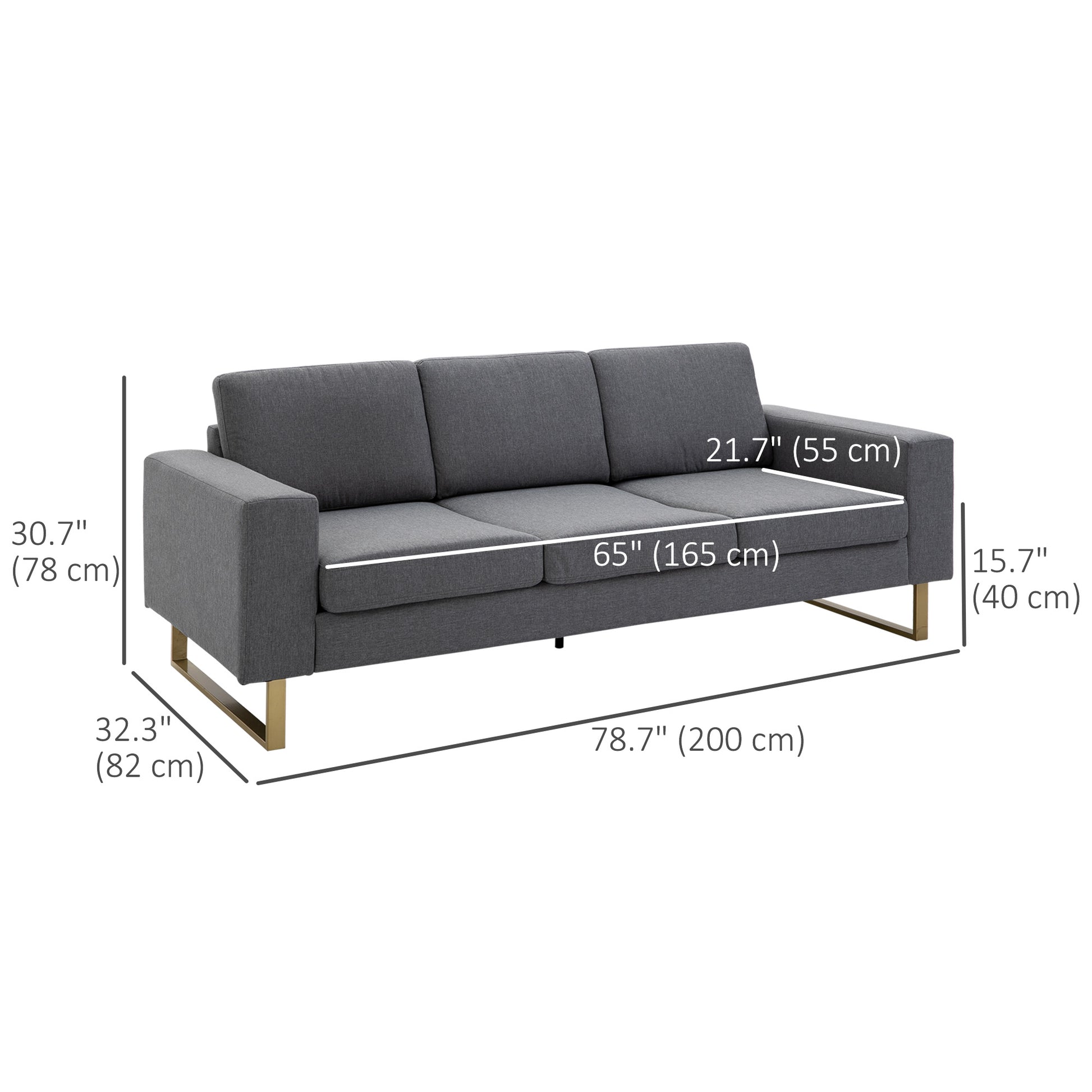 Modern Three-Seat Linen Upholstered Sofa with Steel Legs, Padded Cushions, Grey