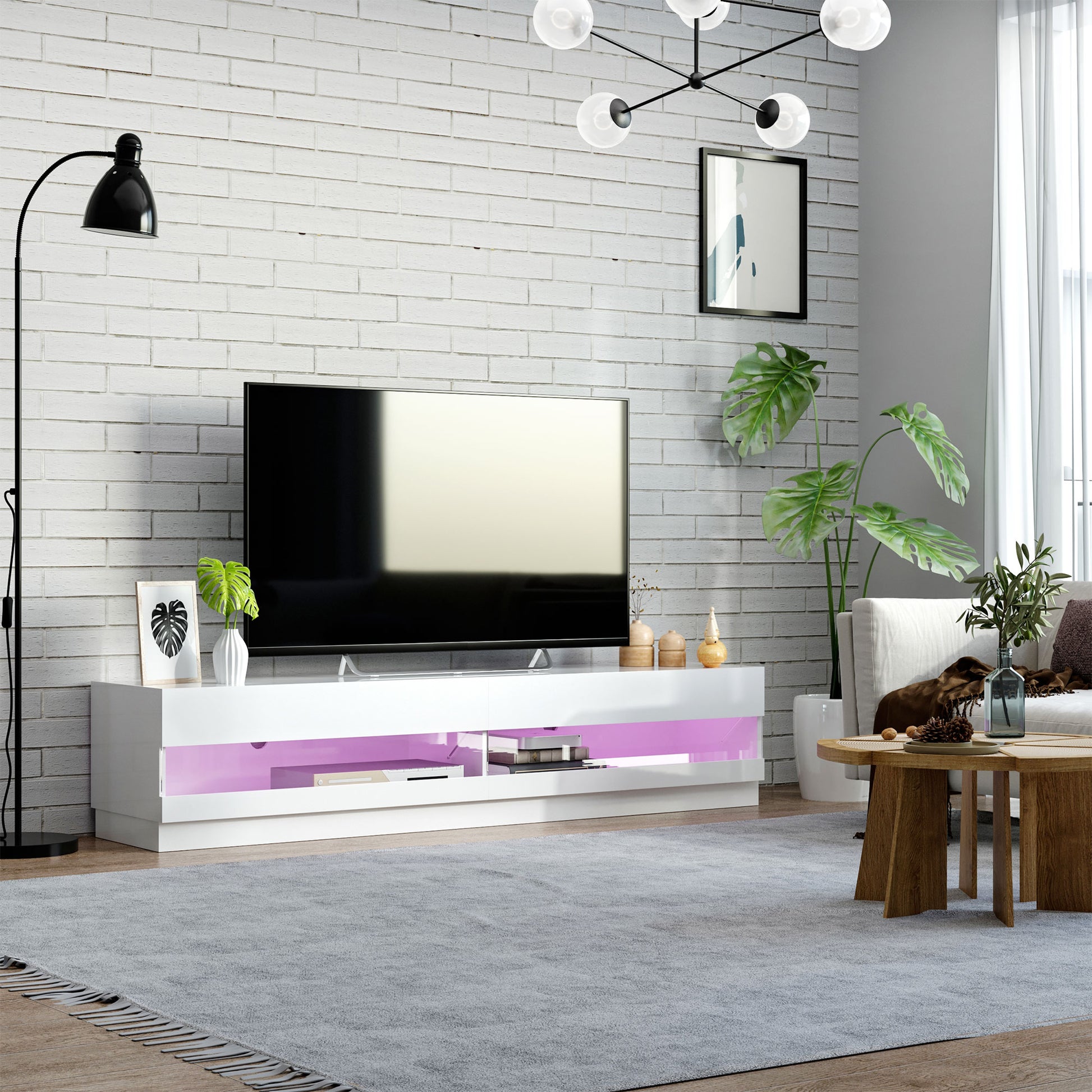 HOMCOM 75-inch High Gloss White LED TV Stand Entertainment Center with Storage
