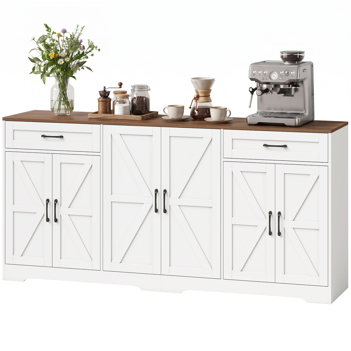 Farmhouse Coffee Bar Cabinet with 2 Drawers and 6 Barn Doors – 71"W x 34"H