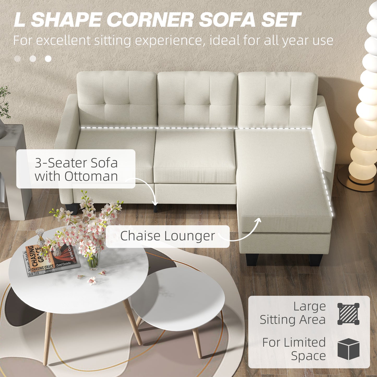 HOMCOM L-Shaped 3-Seater Sectional Sofa with Ottoman, Beige, Sturdy Wood Legs