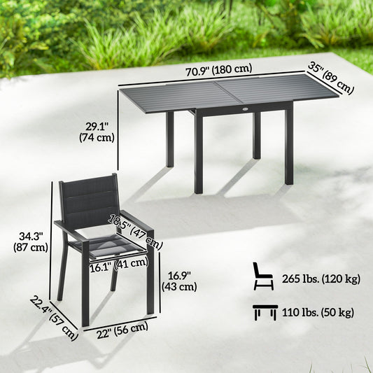 Patio Dining Set for 6, Aluminum Expandable Outdoor Table and 6 Stackable Chairs with Padded Back, Mesh Seat – Black