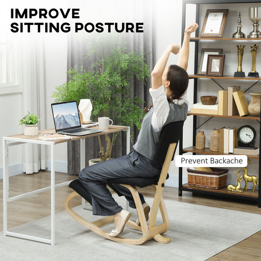 Ergonomic Kneeling Chair, Rocking Wood Kneel Stool with Backrest for Improved Posture, Black