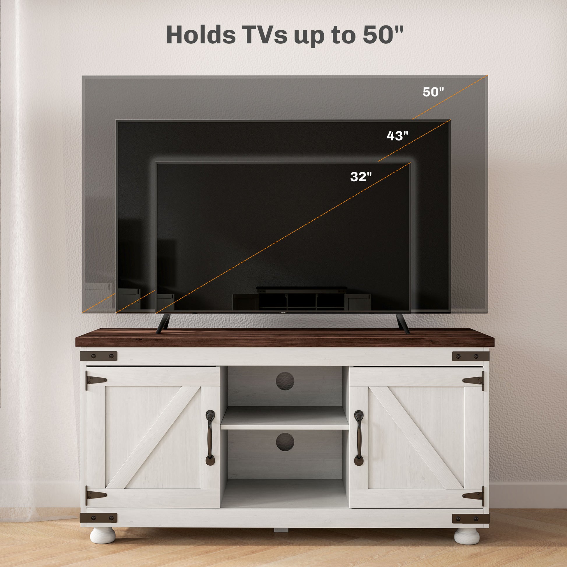 Modern Farmhouse 50-inch TV Stand with Barn Doors, Cable Management, Distressed White