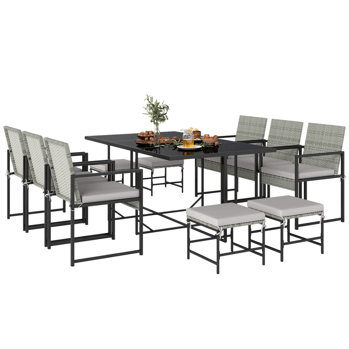 11 Pieces Wicker Patio Dining Set, Rattan Outdoor Furniture Set with 6 Armchairs, 4 Stools