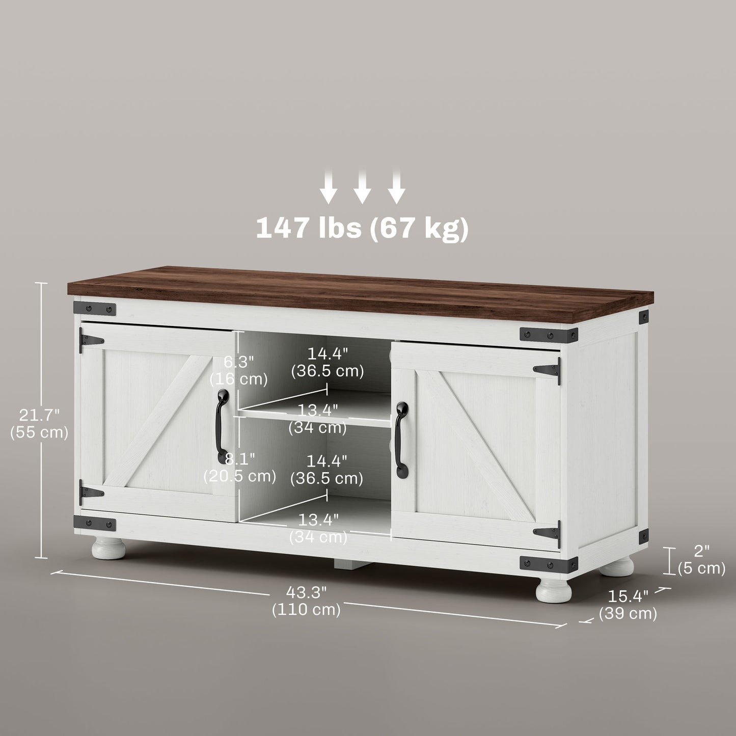 Modern Farmhouse 50-inch TV Stand with Barn Doors, Cable Management, Distressed White