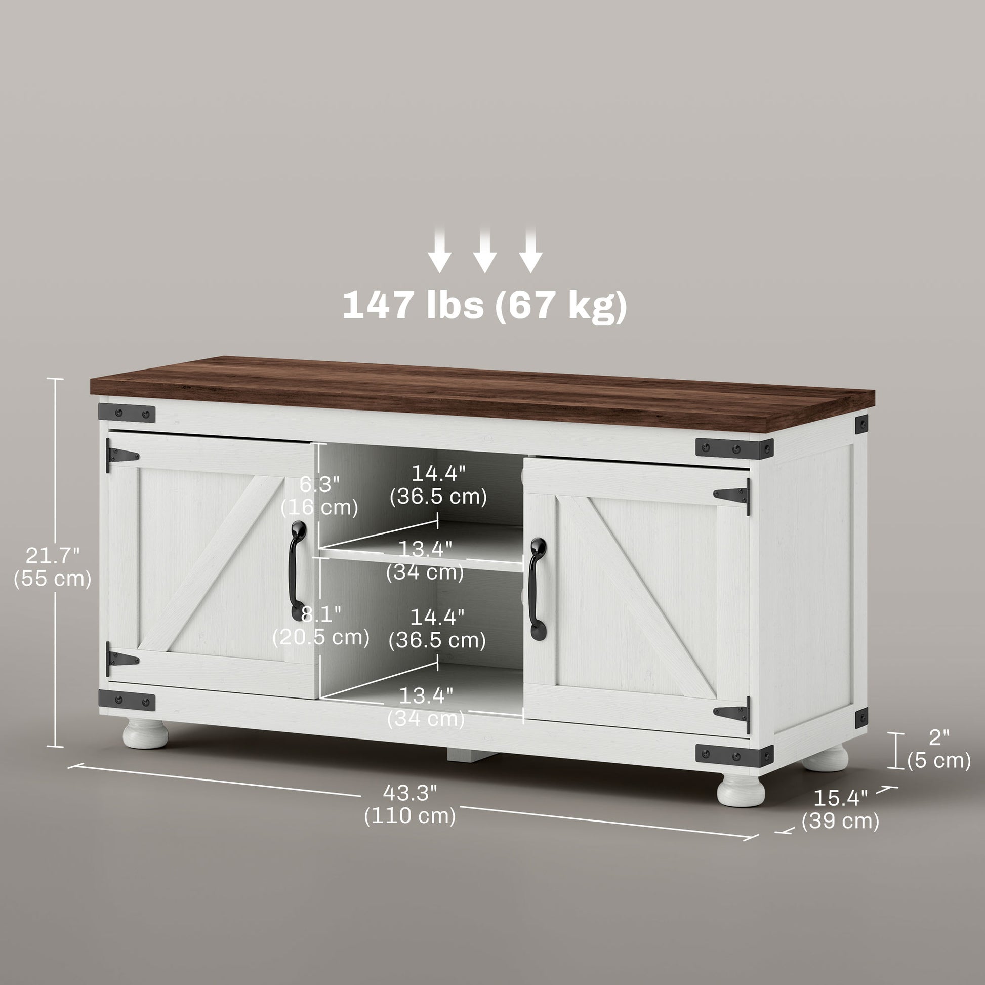 Modern Farmhouse 50-inch TV Stand with Barn Doors, Cable Management, Distressed White