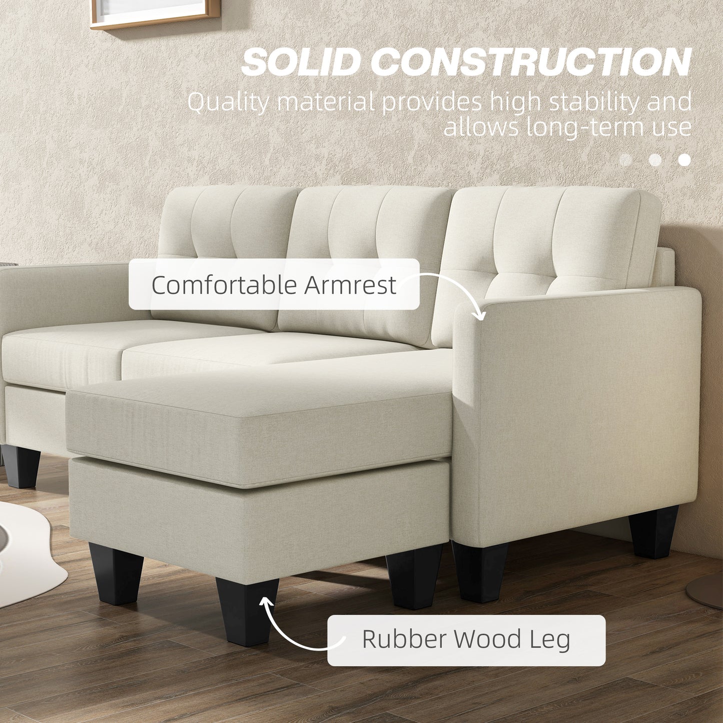 HOMCOM L-Shaped 3-Seater Sectional Sofa with Ottoman, Beige, Sturdy Wood Legs