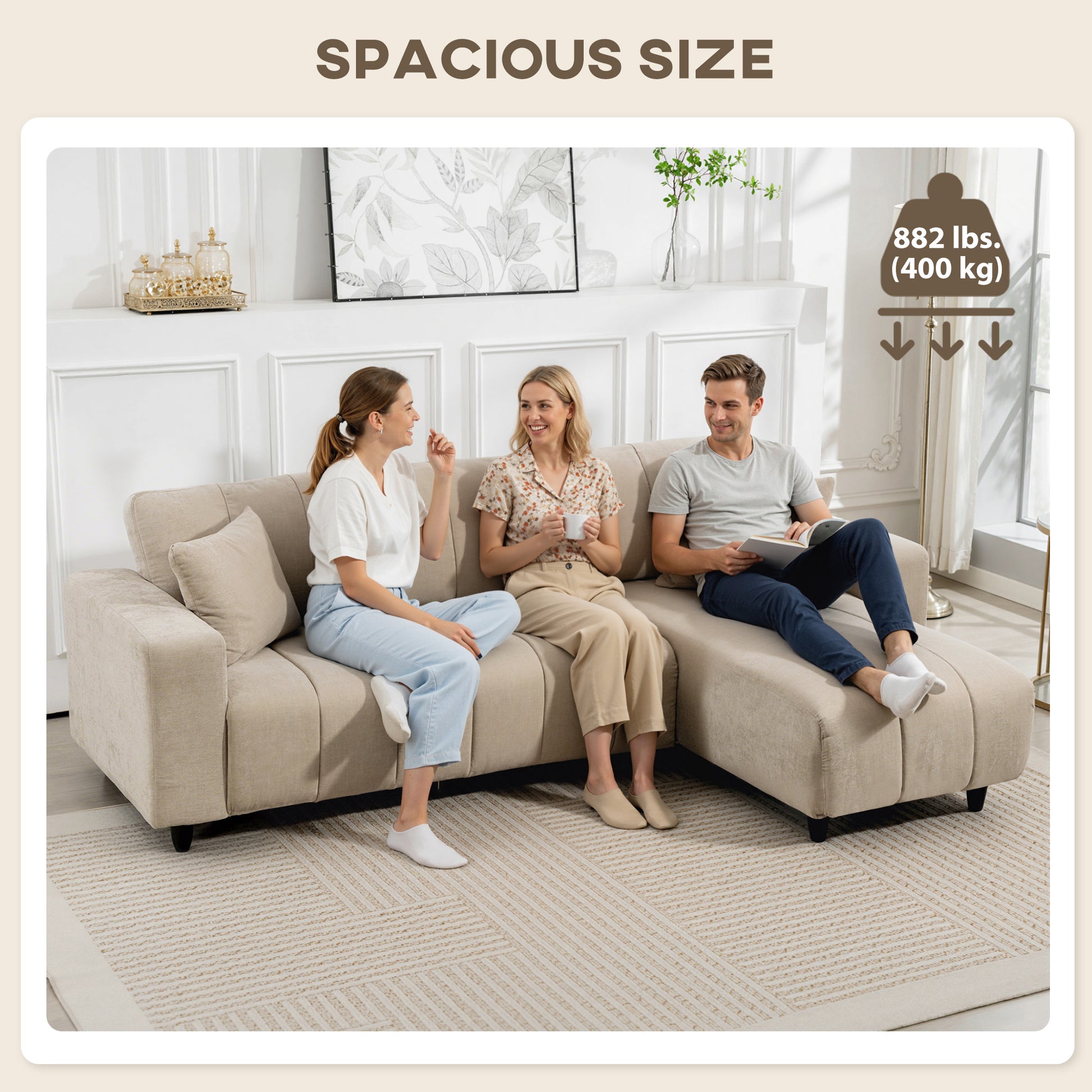 HOMCOM Beige 3-Seater L-Shaped Sectional Sofa with Changeable Chaise, Spring Cushions