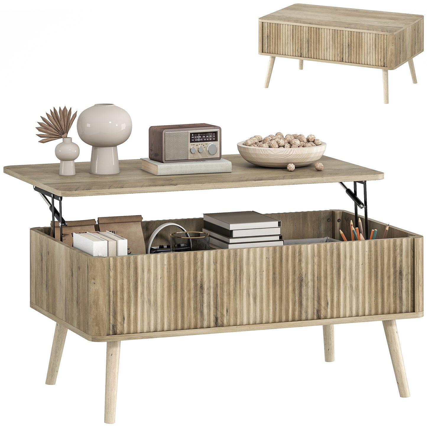 HOMCOM Modern Oak Lift Top Coffee Table with Hidden Storage, Pine Wood Legs